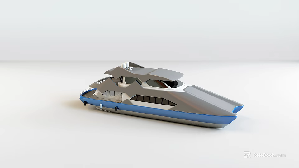 Streamlined Modern Yacht In Silver And Blue With Upper Deck And Windows 3d model 