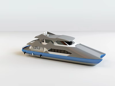 Streamlined Modern Yacht In Silver And Blue With Upper Deck And Windows 3d model