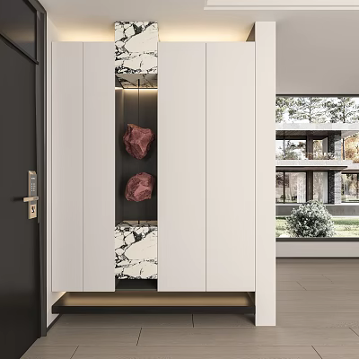 Modern White Entryway Console Cabinet with Marble Decor Red Stone Accents and Stylish Lighting 3d model