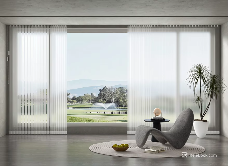 White Vertical Blinds Curtains in Modern Living Room with Large Window Green Lawn Fountain View 3d model 