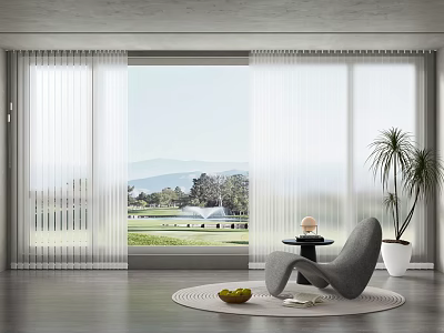 White Vertical Blinds Curtains in Modern Living Room with Large Window Green Lawn Fountain View 3d model