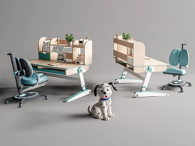 Modern Home Office Desk With Adjustable Height Ergonomic Chair And Pet Dog Accent 3d model