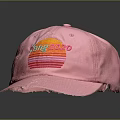 Pink Baseball Cap With Sunset Logo And Gradient Sun Design Distressed Brim Casual Style