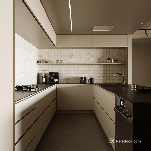 Modern Kitchen Interior With Light Cabinets Black Countertop Tile Backsplash And Appliances 3d model
