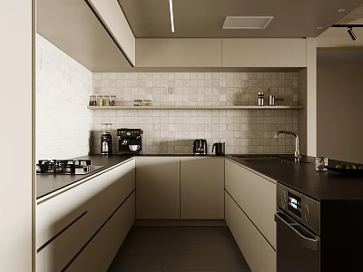 Modern Kitchen Interior With Light Cabinets Black Countertop Tile Backsplash And Appliances 3d model
