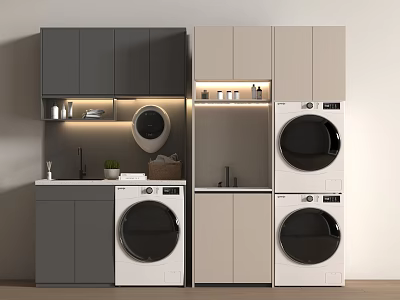 Modern Laundry Room With Gray Beige Cabinets Countertop And Stacked Washing Machines 3d model