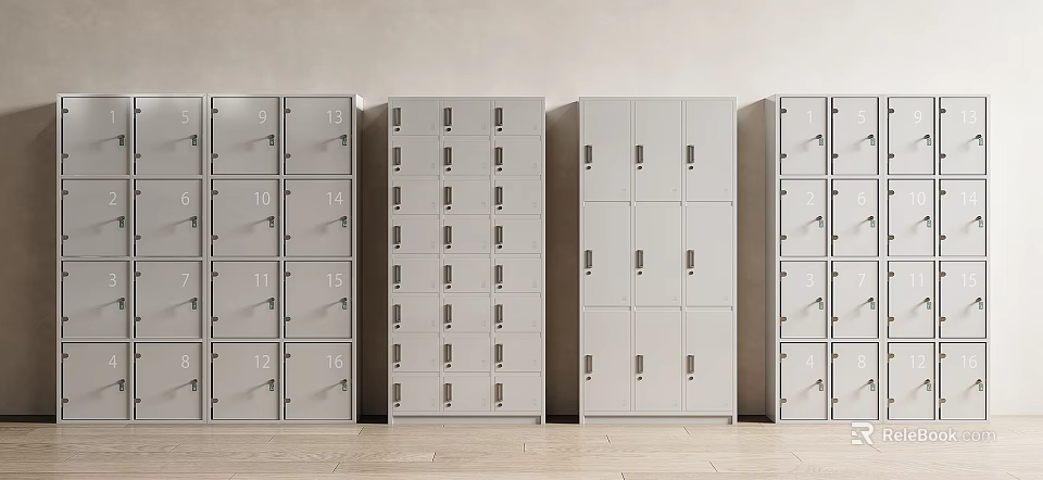 Metal Storage Lockers Arranged In Row With Wooden Floor And Light Colored Wall 3d model 