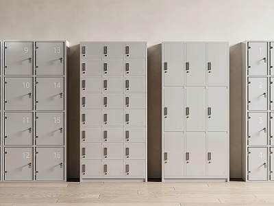 Metal Storage Lockers Arranged In Row With Wooden Floor And Light Colored Wall 3d model