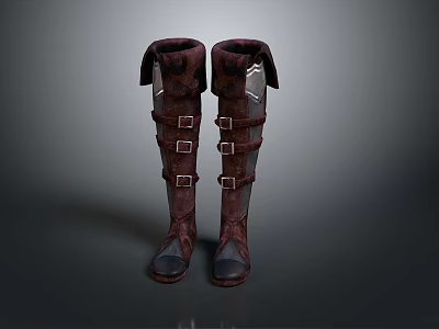 Vintage Red Leather Knee High Boots With Metal Buckle Straps For Daily Use 3d model