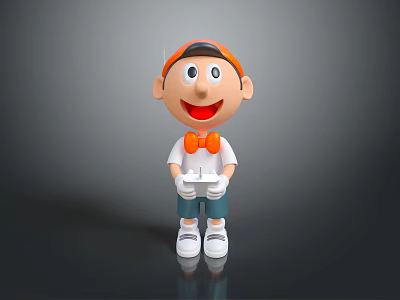 Cute Cartoon Character With Orange Hat Bow Tie White Shirt Blue Shorts Holding White Items 3d model