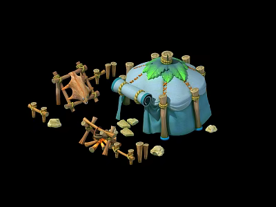 Tent Shaped Outdoor Furniture With Green Leaf Decoration Wooden Fence And Campfire Frame 3d model