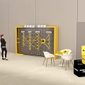 Interactive Zone With Yellow Framed Display Board Charts Icons White Chairs And AI Boxes