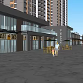 Vibrant Commercial Street With Tall Buildings Shops Umbrellas And Pedestrians In Plaza
