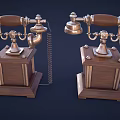 Two Vintage Telephones With Wooden Bases And Metal Rotary Dial Design