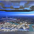 People Enjoying City Panorama At Modern Observation Deck With Glass Railings And Geometric Ceiling Design