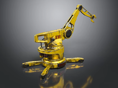 Yellow Robotic Arm Character With EB Logo And Bio Inspired Multi Legged Base 3d model