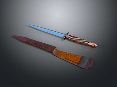 Handcrafted Tactical Knife With Sharp Blade Coiled Copper Handle And Leather Sheath 3d model