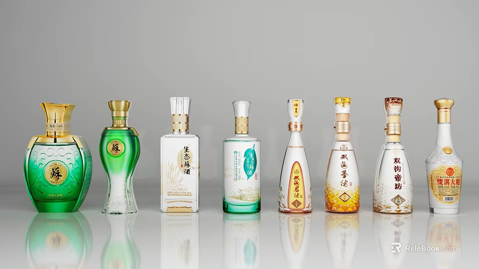 Various Decorative Wine Bottles And Glasses With Different Colors And Designs For 3d model 