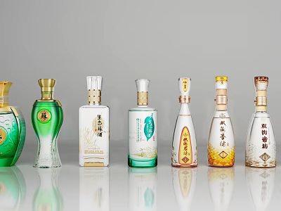 Various Decorative Wine Bottles And Glasses With Different Colors And Designs For 3d model