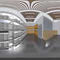 Server Room Interior With Yellow Racks Gray Servers Wooden Ceiling And Metal Shelves