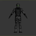 Futuristic Game Movie Character in Dark Armor with Green Glowing Helmet and Sci Fi Gear