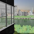 Scenic Urban Night View From Glass Balcony With River And Illuminated Tall Buildings
