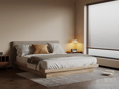 Modern Double Bed With Gray Headboard Wooden Frame Pillows And Window Blinds 3d model