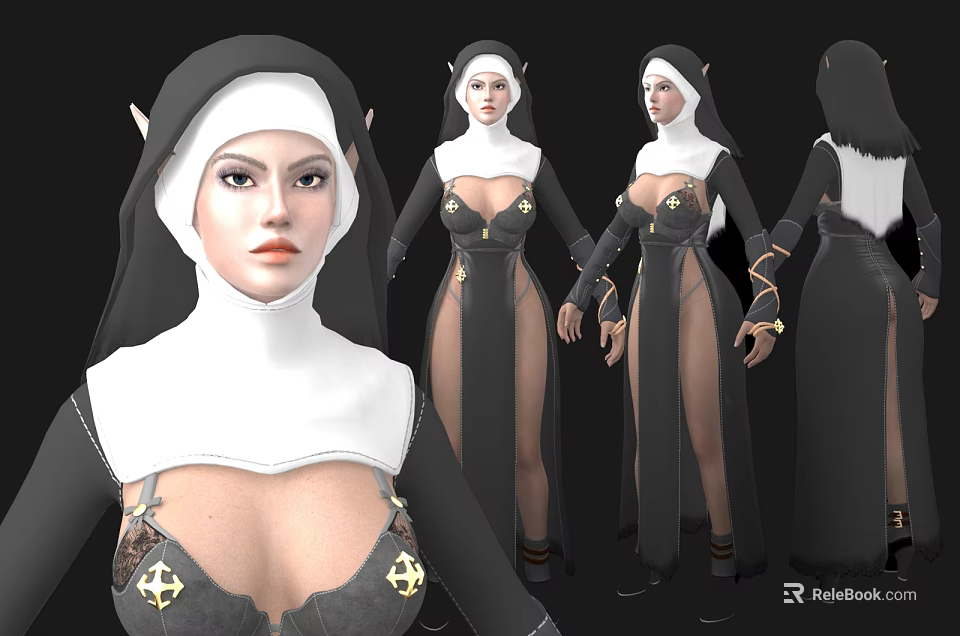 Woman in modern nun habit with high slit and gold accents shown from multiple angles 3d model 