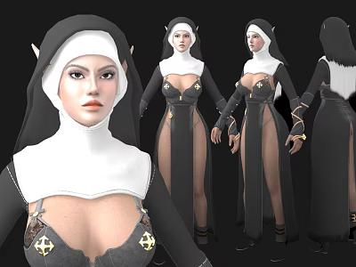 Woman in modern nun habit with high slit and gold accents shown from multiple angles 3d model