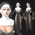 Woman in modern nun habit with high slit and gold accents shown from multiple angles