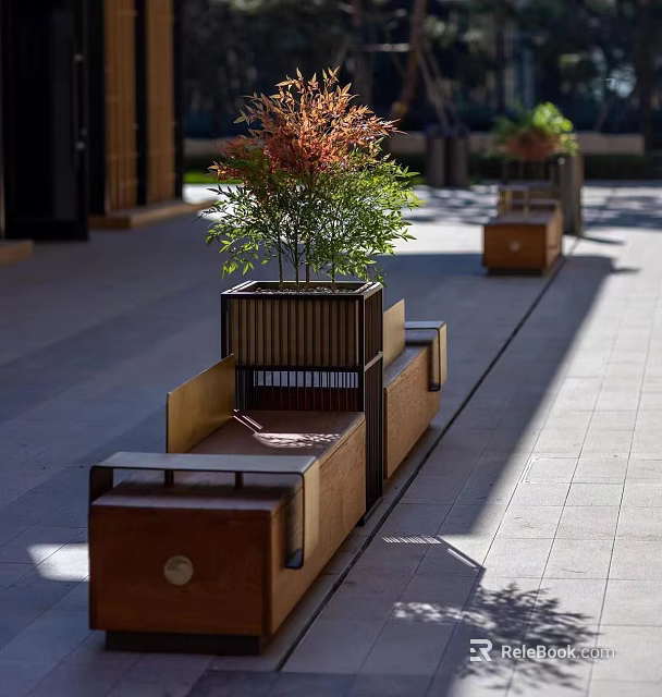 Outdoor Modern Landscape Benches With Wooden Structure And Planter Boxes Holding Green Plants 3d model 