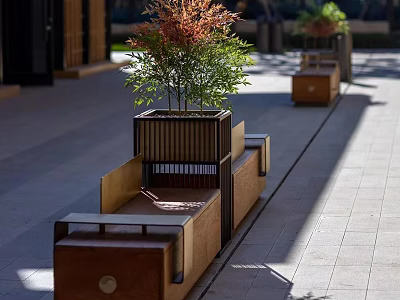 Outdoor Modern Landscape Benches With Wooden Structure And Planter Boxes Holding Green Plants 3d model