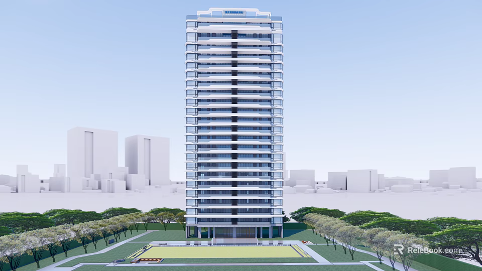 Tall Modern Residential Building With Surrounding Trees Lawn And Background Structures 3d model