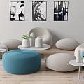 Modern Outdoor Sofa With Blue Beige Round Seats And Decorative Side Tables