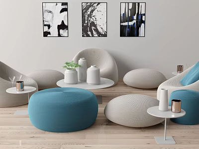 Modern Outdoor Sofa With Blue Beige Round Seats And Decorative Side Tables 3d model