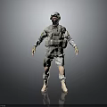 Military Character in Camouflage Uniform With Helmet Mask Standing Pose on Gray Reflective Ground