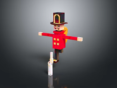 Traditional Nutcracker Figure Standing Pose With Red Coat Black Hat And Wooden Body 3d model