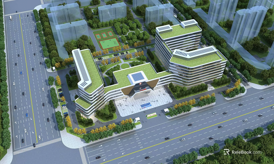 Modern Office Building Complex With Green Roofs Landscaped Gardens And Central Plaza In Urban Area 3d model 
