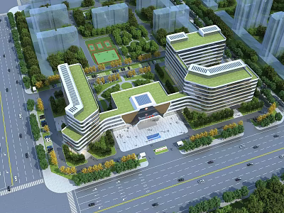 Modern Office Building Complex With Green Roofs Landscaped Gardens And Central Plaza In Urban Area 3d model