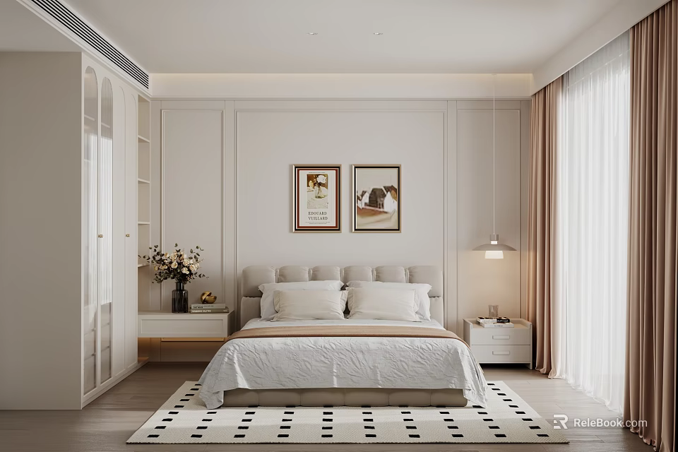 Modern Bedroom Interior With Bed Two Framed Paintings Bedside Tables Hanging Lamp Curtains And Rug 3d model 