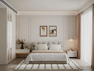 Modern Bedroom Interior With Bed Two Framed Paintings Bedside Tables Hanging Lamp Curtains And Rug 3d model