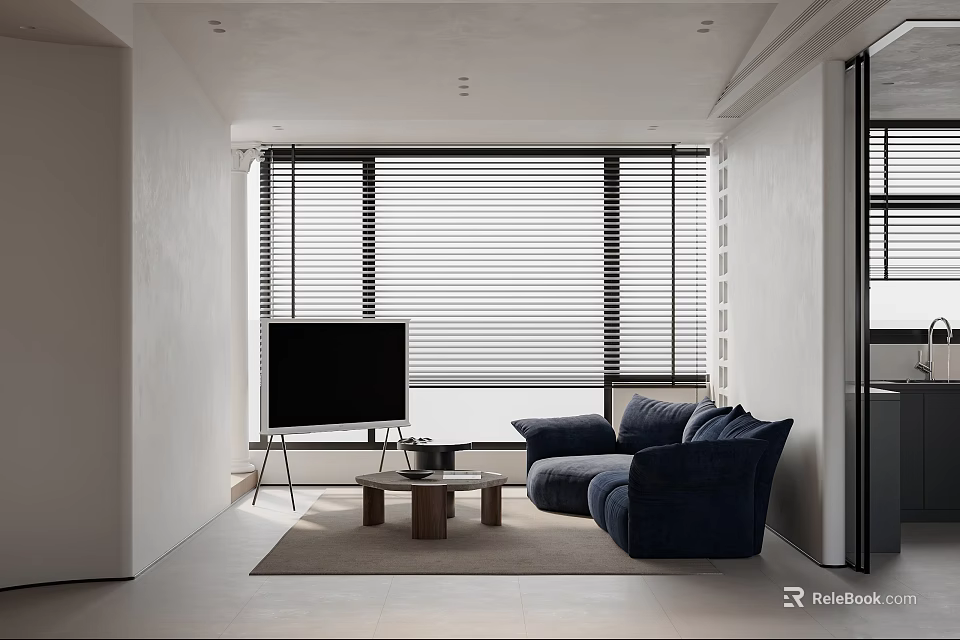 Modern Living Room Interior Design With Navy Blue Sofa TV And Window Blinds 3d model 
