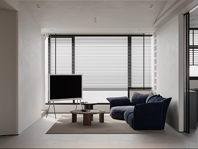 Modern Living Room Interior Design With Navy Blue Sofa TV And Window Blinds 3d model