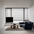 Modern Living Room Interior Design With Navy Blue Sofa TV And Window Blinds