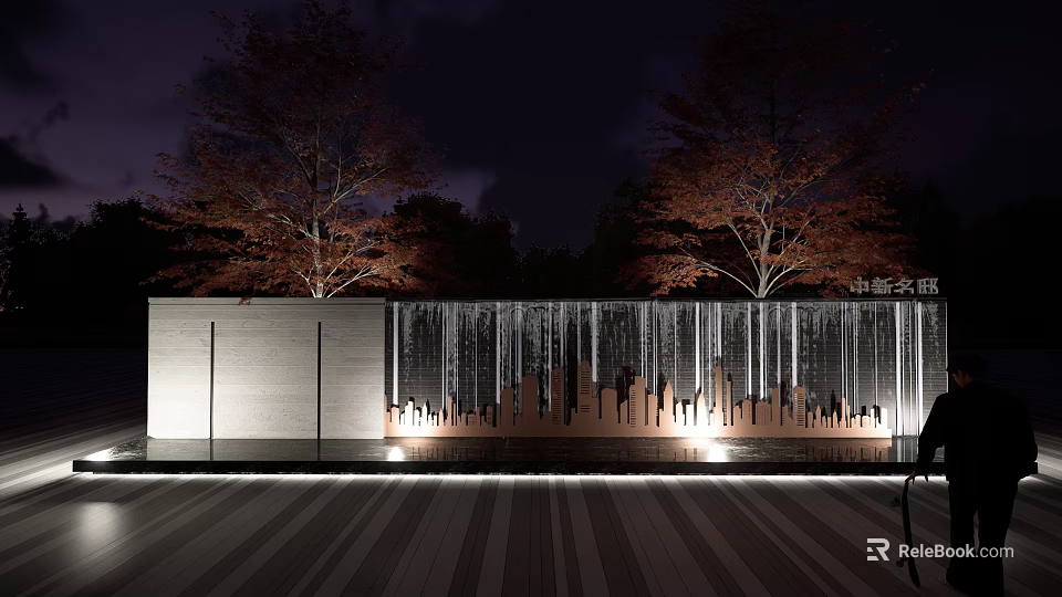 Serene Night Garden Landscape With Red Leaf Trees And Illuminated Waterfall Wall 3d model 