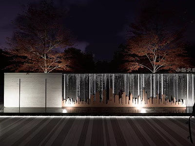 Serene Night Garden Landscape With Red Leaf Trees And Illuminated Waterfall Wall 3d model
