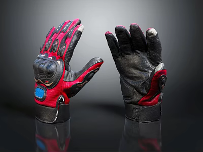 Pair of Black and Red Leather Gloves With Protective Design And Blue Accent 3d model