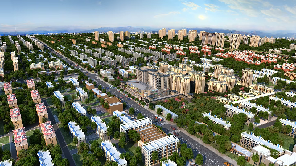 Aerial Planning of Modern City with Buildings Streets and Greenery Layout 3d model 
