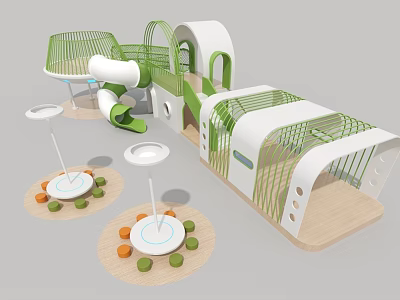 Green And White Playground Design With Slide Climbing Structure Circular Interactive Areas And Colorful Dots 3d model