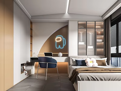 Elegant Modern Tatami Bedroom Interior With Bed Desk Bookshelf And Lighting 3d model